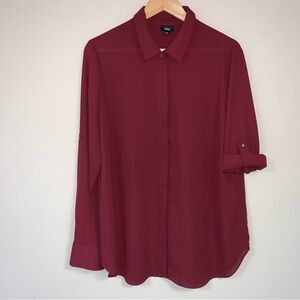 🆕 BURGUNDY Blouse Women’s XXL TwoButton Down Roll Up Sleeve Relaxed Loose Fit